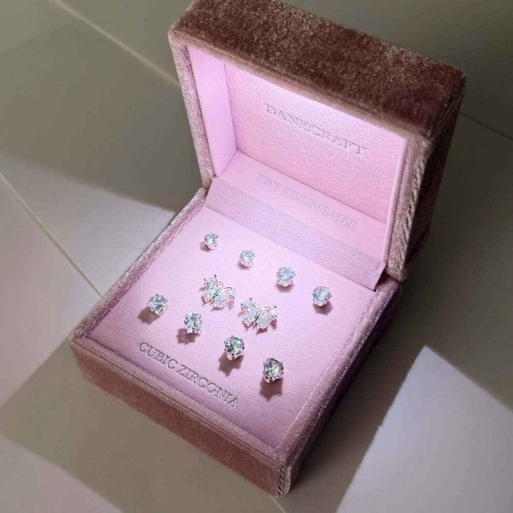 DANCRAFT Silver Crystal Stud Earrings Set of 5; gift idea jewelry studs new - Picture 3 of 17